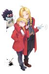 1boy 1girl 4649_(jigurobo) ahoge belt black_boots black_jacket black_pants black_sweater blonde_hair boots braid brown_belt brown_boots chain coat commentary_request couple crossover edward_elric extra_eyes fullmetal_alchemist gabu_(yomi_no_tsugai) gloves grey_shirt grin hair_over_shoulder heart heart-shaped_pupils highres hood hooded_coat jacket kiss long_hair long_sleeves looking_at_another o-ring paint_splatter paintbrush painting_(object) pants parted_bangs purple_eyes red_coat red_hood shirt side-by-side smile standing sweater symbol-shaped_pupils twin_braids v w white_background white_gloves yellow_eyes yomi_no_tsugai 