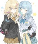  2girls bag bag_charm bang_dream! bang_dream!_it's_mygo!!!!! black_bag black_cardigan blue_bow blue_bowtie blue_skirt bow bowtie braid brown_skirt cardigan cardigan_around_waist charm_(object) closed_mouth clothes_around_waist commentary cowboy_shot cup disposable_cup gyaru hair_between_eyes hair_ornament hairclip highres holding holding_cup holding_ice_cream_cone ice_cream_cone misumi_uika multiple_girls open_mouth plaid_clothes plaid_skirt purple_eyes school_bag school_uniform shoulder_bag simple_background sinainaruayane skirt togawa_sakiko twin_braids white_background x_hair_ornament yellow_eyes 
