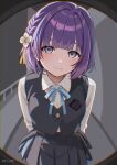  1girl arms_behind_back blue_ribbon collared_shirt commentary_request gakuen_idolmaster grey_skirt grey_vest hair_between_eyes hataya_misuzu hatsuboshi_gakuen_school_uniform highres idolmaster long_sleeves looking_at_viewer mole mole_under_mouth neck_ribbon purple_eyes purple_hair ribbon school_uniform shinima shirt short_hair skirt solo twitter_username vest white_shirt yandere 