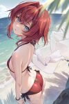 1girl adapted_costume ange_katrina ange_katrina_(1st_costume) artist_name ass back bare_shoulders beach bikini blue_eyes blush bracelet breasts character_name cloud cloudy_sky commentary crossed_bangs dated day eyelashes from_side hair_between_eyes hair_intakes hair_ornament halterneck head_tilt highres jewelry kuro-kun_(nablack) looking_at_viewer looking_back medium_hair nijisanji ocean outdoors parted_lips red_bikini sand side-tie_bikini_bottom sky small_breasts solo spaghetti_strap string_bikini swimsuit triangle_hair_ornament virtual_youtuber 