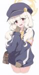  1girl aoba_(blue_archive) armband birthday blue_archive blue_hat blue_jacket bow bowtie brown_gloves brown_shirt collar collared_shirt commentary fluffy_hair gloves halo happy_birthday hat highlander_railway_academy_logo highres jacket light_blush long_sleeves low_twintails newsboy_cap ningen_mame orange_armband orange_halo peaked_cap shirt solo sweat sweatdrop twintails wrench yellow_armband yellow_bow yellow_bowtie yellow_halo 