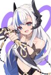  1girl :d blue_eyes blue_hair collarbone commentary_request dual_wielding fang glint highres holding knife long_hair looking_at_viewer multicolored_eyes myrsha_(stella_sora) navel open_mouth red_eyes samon_(sammmmonn) simple_background skin_fang smile solo stella_sora two-tone_eyes upper_body white_background white_hair 