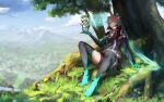  1girl badge belt_pouch black_bodysuit black_jacket blue_eyes blue_gloves bodysuit button_badge cropped_jacket drone gloves grey_hair grey_scarf hair_ornament headgear highres holographic_interface icey icey_(game) jacket landscape neon_trim official_art pouch scarf sitting solo 