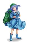  1girl absurdres backpack bag blue_boots blue_eyes blue_hair blue_shirt blue_skirt blush boots breasts collared_shirt commentary_request frilled_shirt_collar frills green_bag green_hat hair_bobbles hair_ornament hat highres jewelry kawashiro_nitori key key_necklace long_sleeves looking_at_viewer medium_breasts necklace open_mouth rubber_boots shirt simple_background skirt smile solo touhou twintails two_side_up white_background zetubouog3 