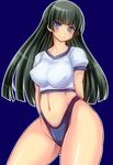  1girl arms_behind_back black_hair blue_eyes blush borrowed_character breasts curvy erect_nipples female highres large_breasts long_hair looking_at_viewer nanashi_mushi navel original perky_breasts shiny_skin shipo_aki shirt simple_background smile solo standing swimsuit thick_thighs wide_hips 