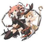  2girls ahoge black_panties black_sailor_collar black_skirt breasts buttons coat commentary_request dark_hunter_(sekaiju) dark_hunter_4 drill_hair green_eyes hair_ribbon holding holding_nunchaku holding_staff holding_weapon medic_(sekaiju) medic_2_(sekaiju) multiple_girls nunchaku open_mouth panties pink_hair pota_(nabrinko) purple_eyes red_ribbon ribbon sailor_collar sekaiju_no_meikyuu sekaiju_no_meikyuu_1 simple_background skirt small_breasts smile staff twin_drills underwear weapon white_background white_coat 