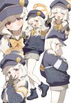  1girl :d ai-generated aoba_(blue_archive) armband blue_archive blue_hat blue_jacket blue_shoes blush boots bow bowtie brown_gloves brown_shirt brown_skirt camisole collared_shirt commentary_request facing_viewer fluffy_hair from_above gloves grin halo hat highlander_railway_academy_logo highres jacket knees lace-up_boots light_blush long_sleeves looking_at_viewer looking_up low_twintails newsboy_cap one_eye_closed open_mouth orange_armband orange_halo peaked_cap pointing puripuriaiai red_eyes shirt shoes skirt smile solo sweat sweatdrop thumbs_up twintails white_background yellow_armband yellow_bow yellow_bowtie yellow_halo 