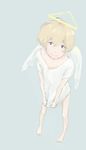  1boy ahoge angel angel_wings bandoutan barefoot blonde_hair child feet grey_background halo haru_(tsuritama) looking_at_viewer male_focus perspective portrait short_hair simple_background smile solo standing toes tsuritama wings 