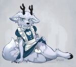 anthro antlers balls canid canine chastity_cage chastity_device clothed clothing crossdressing crossdressing_male deer deerfox_(hilda) femboy fox fur genitals hi_res horn hybrid maid_uniform male mammal metal_chastity_cage no_underwear presenting sflnx simple_background solo tail thick_thighs uniform wearing_chastity_cage wearing_chastity_device wide_hips