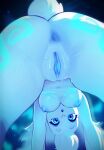  1girl :o all_fours anus ass blue_eyes breasts from_behind furry furry_female glowing glowing_eyes hackainax highres horns kindred_(league) lamb_(league) large_breasts league_of_legends long_hair mask nipples no_mask pussy sheep_tail solo tail white_hair 