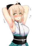  ahoge armpits arms_behind_head blonde_hair blush breasts commentary_request fate_(series) highres japanese_clothes kimono koha-ace medium_breasts obi okita_souji_(fate) okita_souji_(fate)_(all) sash short_hair simple_background solo sweat sweatdrop upper_body yajiming yellow_eyes 
