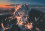  1girl :d absurdres bare_shoulders black_sleeves blue_eyes blue_hair blue_necktie collared_shirt commentary_request detached_sleeves double-parted_bangs evening grey_shirt hair_between_eyes hatsune_miku highres long_hair long_sleeves necktie open_mouth outdoors outstretched_arm shirt sleeveless sleeveless_shirt smile solo twintails upper_body vocaloid wide_sleeves xue_ni_guai 