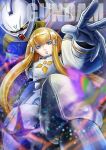  1girl big_hair blonde_hair blue_eyes blue_lips blunt_bangs blurry blurry_foreground commentary copyright_name dianna_soreil floating_hair gloves gundam hair_tubes highres lipstick long_hair long_sleeves looking_at_viewer makeup mecha null_oekaki open_hands outstretched_arms parted_lips projected_inset puffy_long_sleeves puffy_pants puffy_sleeves reaching reaching_towards_viewer robot science_fiction solo turn_a_gundam turn_a_gundam_(mobile_suit) two_side_up upper_body v-bangs very_long_hair watermark white_gloves 