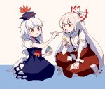  2girls ascot blue_dress blue_hair blush bow dress eating feeding food fujiwara_no_mokou hair_bow hat holding holding_food holding_ice_cream holding_spoon ice_cream ice_cream_cone itomugi-kun kamishirasawa_keine long_hair multiple_girls multiple_hair_bows open_mouth pants puffy_short_sleeves puffy_sleeves red_ascot red_eyes red_pants shirt short_sleeves sitting smile spoon suspender_pants suspenders torn_clothes torn_sleeves touhou white_hair white_shirt 