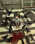  1girl absurdres ametorone animal bird black_hair black_skirt blood brown_eyes cat child commentary crosswalk crow dead_animal hair_ornament highres looking_down original pantyhose pink_shoes road shadow shoes short_sleeves side_ponytail sitting skirt street v_arms wariza 