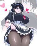  1girl absurdres apron arato_nagi black_dress black_hair black_panties blue_eyes blush breasts brown_pantyhose closed_mouth clothes_lift clothes_pull collared_shirt commentary corset cowboy_shot curvy dress dress_lift dress_pull earrings english_commentary enmaided floating_earrings folded_ponytail framed_breasts frilled_apron frills from_below hair_between_eyes heart heart_earrings highres impossible_clothes jewelry lace lace_panties large_breasts lifting_own_clothes long_hair looking_at_viewer looking_down maid maid_apron maid_headdress necktie paid_reward_available panties pantyhose pantyshot puffy_short_sleeves puffy_sleeves red_necktie ruri_no_houseki shiny_skin shirt short_sleeves simple_background smile solo spoken_heart standing stud_earrings thick_thighs thighs underwear upskirt vewuinsky white_apron white_background wrist_cuffs zoom_layer 