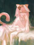  1girl animal_ears bare_shoulders blush breasts cleavage collar commentary detached_collar dress fingernails flower hair_flower hair_intakes hair_ornament highres holding hololive hololive_english kolario large_breasts long_hair looking_at_viewer multicolored_hair nail_polish open_mouth panther_ears panther_girl panther_tail pink_eyes pink_hair pink_nails pink_tail raora_panthera red_flower red_rose rose smile solo streaked_hair tail teeth thighs two-tone_hair virtual_youtuber white_collar white_dress white_flower white_rose 