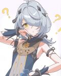  1girl ? absurdres antenna_hair atorii_art bare_shoulders black_dress black_gloves blue_dress blush commentary_request dracaene_sunbringer dress gloves grey_hair hair_over_one_eye hand_on_own_cheek hand_on_own_face hand_on_own_hip hand_up highres open_mouth partially_fingerless_gloves simple_background solo two-tone_dress upper_body yellow_eyes zenless_zone_zero 