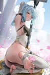  1girl absurdres ass blue_hair blue_sky breasts brunobrun9bruno commentary_request falling_petals feet flower foot_focus green_eyes hair_flower hair_ornament highres leotard looking_at_viewer medium_hair petals pink_petals revision seed_(zenless_zone_zero) sky small_breasts soles solo spread_toes stirrup_legwear toeless_legwear toes white_leotard zenless_zone_zero 