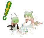  1boy 1girl ^_^ alien backpack bag black_gloves black_pants brown_shorts child closed_eyes commentary crayon crossover crunchcontrol drawing_(action) east-west_crossover english_commentary full_body gloves green_hair holding holding_crayon invader_zim kneeling koiwai_yotsuba open_mouth pants quad_tails red_shirt red_shoes shirt shoes shorts star_(symbol) translation_request white_background white_shirt yotsubato! zim_(invader_zim) 