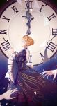  1girl 2others absurdres beatrice_(umineko) black_choker black_dress blonde_hair blunt_bangs braid braided_base bug bun_with_braided_base butterfly chen_yan chess_piece choker clock closed_eyes closed_mouth commentary dress eyelashes falling_paper feet_out_of_frame film_grain frilled_choker frilled_sleeves frills from_side glowing_butterfly hair_bun hands_up highres jewelry juliet_sleeves kanon_(umineko) light_particles lips long_sleeves multiple_others outstretched_hand paper profile puffy_sleeves reflection ring shannon_(umineko) sidelocks single_hair_bun solo_focus spoilers standing umineko_no_naku_koro_ni wide_sleeves yellow_butterfly 