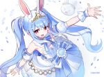  >_< 1girl :d animal_ear_fluff animal_ears arm_up blue_hair breasts commentary_request detached_sleeves dress eyebrows_hidden_by_hair from_above hair_between_eyes highres hololive long_hair medium_breasts multicolored_hair outstretched_arm pekomon_(usada_pekora) petals puffy_short_sleeves puffy_sleeves rabbit-shaped_pupils rabbit_ears red_eyes short_sleeves smile solo_focus strapless strapless_dress streaked_hair symbol-shaped_pupils thick_eyebrows tiara twintails twitter_username usada_pekora very_long_hair virtual_youtuber white_background white_dress white_hair white_sleeves wrist_cuffs xd zenshin 