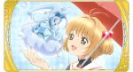  2girls :d antenna_hair blue_background blue_eyes blue_hair blue_pants blue_shoes blue_skin border brown_hair cardcaptor_sakura cloud colored_skin green_eyes hair_intakes hat holding holding_umbrella jester jester_cap kinomoto_sakura mini_person minigirl multiple_girls official_art open_mouth ornate_border pants pointy_ears rain_(clow_card) shoes short_hair short_twintails sitting smile third-party_source twintails umbrella 