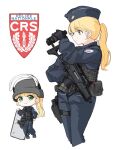  1girl ammunition_pouch assault_rifle binoculars black_vest blonde_hair blue_jacket blue_pants blunt_bangs blush bulletproof_vest chibi chibi_inset commentary_request cropped_legs crs feet_out_of_frame foregrip france from_side frown garrison_cap green_eyes gun h&amp;k_g36 handgun hat holding holding_binoculars holding_gun holding_weapon holster jacket long_hair magazine_(weapon) multiple_views original pants police ponytail pouch rifle riot_shield shield simple_background smile tactical_clothes thigh_holster tobimatsu_mutsutarou vertical_foregrip vest weapon white_background 