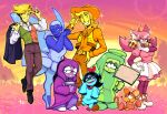  2others 3boys 3girls 7_colored_flowers_(deltarune) absurdres animal_ears aqua_(deltarune) bell black_hair blonde_hair blue_(deltarune) blue_hair blue_skirt book boxing_gloves chef_hat colored_skin cowboy_hat deltarune english_commentary fairy_wings fangs flowery_(deltarune) green_(deltarune) green_hair green_skin hair_ribbon hand_on_own_hip hat highres holding holding_book holding_sign jingle_bell laughing looking_at_viewer mad_mew_mew mouse_(animal) mouse_ears mouse_tail mr._frog_(smiling_friends) multiple_boys multiple_girls multiple_others open_mouth orange_(deltarune) orange_fur pink_hair purple_hair purple_skin ribbon salute seth_(deltarune) sign skirt smile smiling_friends tail toxicsoul77 tutu twintails two-finger_salute utdr_(toby_fox) wings yellow_(deltarune) yellow_skin 