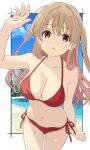  1girl beach bikini blonde_hair border breasts brown_eyes cleavage collarbone commentary cowboy_shot day halterneck hand_up highres himahari_neru long_hair looking_at_viewer medium_breasts minagi_koharu navel open_mouth outdoors outside_border red_bikini sand shore side-tie_bikini_bottom sky slow_loop solo string_bikini swimsuit triangle_bikini_top two_side_up water white_border 