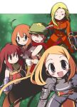  5girls ahoge alchemist_(sekaiju) alchemist_4_(sekaiju) armor blonde_hair blue_eyes breastplate breasts brown_gloves closed_mouth coat commentary_request gloves green_hat hat long_hair looking_at_viewer medic_(sekaiju) medic_2_(sekaiju) multiple_girls okosama_lunch_(sendan) one_eye_closed open_mouth paladin_(sekaiju) paladin_2_(sekaiju) pauldrons ranger_(sekaiju) ranger_2_(sekaiju) red_coat red_eyes sekaiju_no_meikyuu sekaiju_no_meikyuu_1 shoulder_armor smile swordsman_(sekaiju) swordsman_2_(sekaiju) 