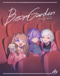  3girls :d ;d black_shirt black_sweater bloom_garden_party_jacket character_doll closed_mouth colored_inner_hair commentary doll english_text fujishima_megumi grin hair_bun hasu_no_daisankaku holding holding_doll hood hood_down hooded_jacket indoors jacket love_live! love_live!_hasu_no_sora_jogakuin_school_idol_club love_live!_hasu_no_sora_jogakuin_school_idol_club_bloom_garden_party multicolored_hair multiple_girls off_shoulder one_eye_closed open_clothes open_jacket open_mouth osawa_rurino otomune_kozue pink_hair pink_jacket pipi_(m1x_mix) purple_eyes purple_hair red_eyes ribbed_sweater shirt side_ponytail single_side_bun sitting smile sweater teeth turtleneck turtleneck_sweater upper_teeth_only white_hair yugiri_tsuzuri 