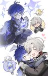  !? 2boys :d aged_down angduuuu_(ghost) antenna_hair arm_on_another's_shoulder black_capelet black_coat black_gloves black_shorts blue_eyes blue_hair blush capelet chain cheek-to-cheek chest_harness chibi child clenched_hands closed_eyes closed_mouth coat commentary_request crossed_bangs earrings expressionless flins_(genshin_impact) fur-trimmed_coat fur_trim genshin_impact gloves gradient_hair grey_coat grey_hair grey_sweater hair_between_eyes hair_intakes hands_up harness heads_together heart highres holding holding_lantern hug illuga_(genshin_impact) jewelry korean_commentary lantern light_particles long_hair long_sleeves looking_at_another looking_at_viewer male_focus mole mole_under_eye multicolored_hair multiple_boys multiple_views nose_blush open_clothes open_coat open_mouth parted_bangs raised_eyebrows red_hair ribbed_sweater scar scar_on_neck short_hair shorts single_earring sitting sleeveless sleeveless_coat smile sparkle speech_bubble spoken_character sweater turtleneck turtleneck_sweater two-tone_hair very_long_hair white_background white_sweater wide-eyed yellow_eyes 