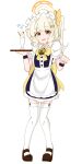  1girl absurdres aoba_(blue_archive) apron birthday black_shoes black_wrist_cuffs blue_archive bow bowtie clenched_hand commentary_request facing_viewer fluffy_hair hair_bow halo happy_birthday highlander_railway_academy_logo highres holding holding_tray knees knees_together_feet_apart looking_at_viewer maid maid_apron maid_headdress orange_halo pigeon-toed ponytail red_eyes ribbon shoes smile solo standing sweatdrop thighhighs tray white_background white_thighhighs wrist_cuffs yellow_bow yellow_bowtie yellow_halo yellow_ribbon 