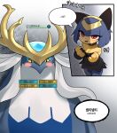  1girl absurdres animal_ears animal_hands black_dress blue_fur blush breasts cat_ears claws cleavage commentary_request dress furry furry_female gameplay_mechanics health_bar highres horns korean_commentary korean_text mars_symbol medium_breasts neptilius open_mouth palworld red_eyes sangobob sekhmet_(palworld) short_hair speech_bubble strapless strapless_dress sweat translation_request yellow_eyes yellow_fur 
