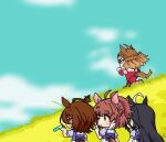  4girls agnes_tachyon_(umamusume) ahoge animal_ears back_bow black_hair bow braid brown_eyes brown_hair chibi commentary_request dantsu_flame_(umamusume) ear_covers from_behind half_up_half_down_braid highres holding holding_test_tube horse_ears horse_girl horse_tail jam_(umamusume) jungle_pocket_(umamusume) large_bow long_hair long_sleeves looking_ahead looking_at_another manhattan_cafe_(umamusume) multiple_girls notched_ear parody puffy_short_sleeves puffy_sleeves purple_bow purple_serafuku purple_shirt red_eyes running sailor_collar sailor_shirt school_uniform serafuku shirt short_sleeves skirt summer_uniform tail tail_through_clothes test_tube tracen_school_uniform umamusume umamusume:_cinderella_gray white_hair white_sailor_collar white_skirt yellow_eyes yurin35699515 