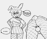 anthro backsack ball_ring balls bottomwear butt choker clothed clothing crossdressing dialogue ear_piercing ear_ring english_description english_text eyewear femboy fishnet_clothing fishnet_legwear fishnet_thigh_highs fishnet_topwear front_view genitals gesture hair he/him/hole hi_res jewelry lagomorph legwear leporid looking_at_viewer low-angle_view luckesha male mammal monochrome navel necklace nikki_(luckesha) no_underwear one_shoulder_out piercing rabbit rear_view ring_piercing short_hair simple_background sketch skirt solo tail text thigh_highs topwear underskirt white_background