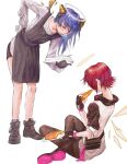  2girls absurdres apron arknights black_apron black_gloves black_pantyhose black_shoes black_shorts blue_halo blush closed_eyes closed_mouth commentary_request detached_wings eating energy_wings exusiai_(arknights) fingerless_gloves food gloves halo hand_on_own_hip highres holding holding_food holding_plate long_hair long_sleeves mostima_(arknights) multiple_girls pantyhose plate shoes short_hair short_sleeves shorts simple_background white_background white_gloves wings xutu8116 yellow_halo 