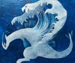  animal_focus artist_name bird blue_background blue_theme bubble closed_mouth commentary_request flying from_side full_body good_night_1077 highres lugia no_humans painting_(medium) pokemon pokemon_(creature) pokemon_focus red_eyes solo tail traditional_media twitter_username underwater water waves wings 