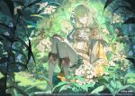  1girl artist_name ascot black_gloves bow chinese_commentary closed_eyes commentary_request company_name copyright_notice epaulettes flower full_body gloves green_bow green_hair green_theme guest_art hair_between_eyes hair_bow hand_on_own_knee highres kosuke_(camaoooo) kusanagi_nene logo low-tied_sidelocks official_alternate_costume official_art pants project_sekai second-party_source shoes sidelocks sitting solo the_power_of_regret_(project_sekai) u_u web_address white_ascot white_flower white_pants white_shoes 