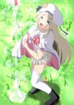  1girl :d absurdres bat_hair_ornament beret black_boots blue_eyes boots bow bowtie cape collared_shirt commentary_request day fang full_body grass grey_hair grey_skirt hair_ornament happy haroron2000 hat highres holding kud_wafter little_busters! little_busters!_school_uniform long_hair looking_at_object looking_up miniskirt noumi_kudryavka on_ground open_mouth outdoors parted_bangs pink_bow pink_bowtie plaid_clothes plaid_skirt pleated_skirt school_uniform shirt sidelighting sidelocks skin_fang skirt smile solo standing thighhighs twitter_username upturned_eyes very_long_hair water water_drop water_rocket white_cape white_hat white_shirt white_thighhighs zettai_ryouiki 