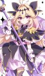  1girl absurdres ametama_(runarunaruta5656) antenna_hair black_dress black_thighhighs blonde_hair closed_mouth commentary_request cure_arcana_shadow dress hair_flaps highres holding holding_wand long_hair looking_at_viewer magical_girl meitantei_precure! moria_luluka precure red_eyes solo thighhighs very_long_hair wand 