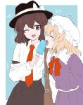  2girls aya-daisuki218 bag black_hat black_skirt blonde_hair blue_background border bow bowtie breast_pocket brown_eyes brown_hair buttons collared_dress collared_shirt commentary_request cowboy_shot dress food frilled_dress_collar hat hat_bow highres holding holding_food holding_popsicle long_sleeves maribel_hearn medium_hair mob_cap multiple_girls necktie one_eye_closed open_mouth pocket popsicle purple_dress red_bow red_bowtie red_necktie sash shirt shirt_tucked_in shoulder_bag skirt sleeve_garter touhou usami_renko white_border white_bow white_hat white_sash white_shirt 