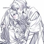  1boy 1girl absurdres adam's_apple arm_support armor artist_name artist_request blunt_bangs blunt_ends blush bodysuit bow bowtie boy_on_top breasts character_request commission dress eyelashes face-to-face feathers frilled_dress frills gem genshin_impact grin hetero highres japanese_armor japanese_clothes kimono kote long_hair long_sidelocks long_sleeves looking_at_another mandarin_collar medium_breasts oc_x_canon open_clothes open_kimono open_mouth original playing_with_another's_hair pom_pom_(clothes) scaramouche_(genshin_impact) second-party_source shoulder_peek side_cape sidelocks sketch smile spot_color teeth tsurime vision_(genshin_impact) wanderer_(genshin_impact) wavy_hair white_background 