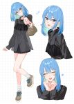 1girl :d ^_^ absurdres aqua_hair bag black_choker black_dress black_shirt blue_eyes blue_hair brown_shoes choker closed_eyes closed_mouth collared_shirt colored_inner_hair commentary_request double-parted_bangs dress dress_under_shirt full_body glasses gyaru_v hair_between_eyes handbag head_tilt highres hololive hoshimachi_suisei long_sleeves looking_at_viewer loose_socks multicolored_hair multiple_views open_mouth outstretched_arm polka_dot polka_dot_shirt round_eyewear see-through_clothes see-through_shirt shirt shoes short_dress sidelocks smile sneakers socks star_(symbol) star_in_eye symbol_in_eye tagosaku_(tatsukiuma0329) v virtual_youtuber white_socks 