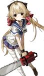  1girl :c ahoge animal_hat antenna_hair bell black_collar black_hat blonde_hair blue_neckerchief blue_sailor_collar blue_skirt bow brown_hair cat_hat chainsaw closed_mouth collar collarbone frilled_sailor_collar frilled_shirt frills fxiskev hair_bow hair_flaps hat highres holding holding_chainsaw jingle_bell leaning_forward light_blush long_hair looking_at_viewer low_twintails miniskirt multiple_hair_bows neckerchief original pink_bow raised_eyebrows sailor_collar shirt shoes short_sleeves simple_background single_hair_intake sketch skirt solo striped_clothes striped_thighhighs tareme thighhighs twintails v_arms very_long_hair white_background white_shirt white_thighhighs wristband zettai_ryouiki 
