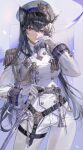  1girl absurdres aiguillette alternate_costume animal_ears arknights belt belt_buckle black_belt black_hair buckle buttons closed_mouth collared_jacket commentary contrapposto cowboy_shot crossed_bangs double-breasted epaulettes glint gloves grey_background hair_between_eyes hand_on_own_face hat highres holding holding_sword holding_weapon jacket long_hair long_sleeves looking_at_viewer medal military_hat military_jacket military_uniform multicolored_eyes pants peaked_cap purple_eyes solo sshumolly standing sword texas_(arknights) thigh_strap two-tone_eyes weapon white_gloves white_hat white_jacket white_pants wolf_ears wolf_girl yellow_eyes 