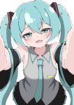  1girl :d bare_shoulders black_skirt black_sleeves blue_eyes blue_hair blue_necktie blush collared_shirt commentary_request cowboy_shot detached_sleeves double-parted_bangs fang grey_shirt hair_between_eyes hatsune_miku heart highres kaeru_kobou layered_sleeves long_hair long_sleeves miniskirt necktie open_mouth outstretched_arms pleated_skirt shirt simple_background skin_fang skirt sleeveless sleeveless_shirt smile solo twintails vocaloid white_background 