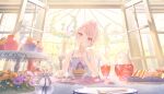  1other akiyama_mizuki bare_arms brown_butterfly bug butterfly chair collared_shirt colorful_palette cup cupcake dot_nose dress drinking_glass drinking_straw eating fingernails floral_print floral_print_dress flower food fork french_fries fur_wristbands game_asset glowing_butterfly hair_bun hair_up heart heart_necklace highres jewelry juice ketchup kimi_no_tonari_kimi_to_miru_ashita_(project_sekai) light_blush looking_up mayonnaise necklace official_alternate_costume official_alternate_hairstyle official_art open_window other_focus pink_butterfly pink_eyes pink_hair plate print_dress project_sekai purple_butterfly purple_dress purple_flower sandwich shirt single_wristband sitting solo spoon swept_bangs table third-party_source upper_body window yellow_flower 