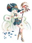  1girl dairoku_ryouhei fish full_body hair_over_one_eye hat highres holding holding_weapon kaname214 long_hair pale_skin red_eyes sandals simple_background sophia_garland staff swimsuit transparent_background very_long_hair weapon witch_hat 